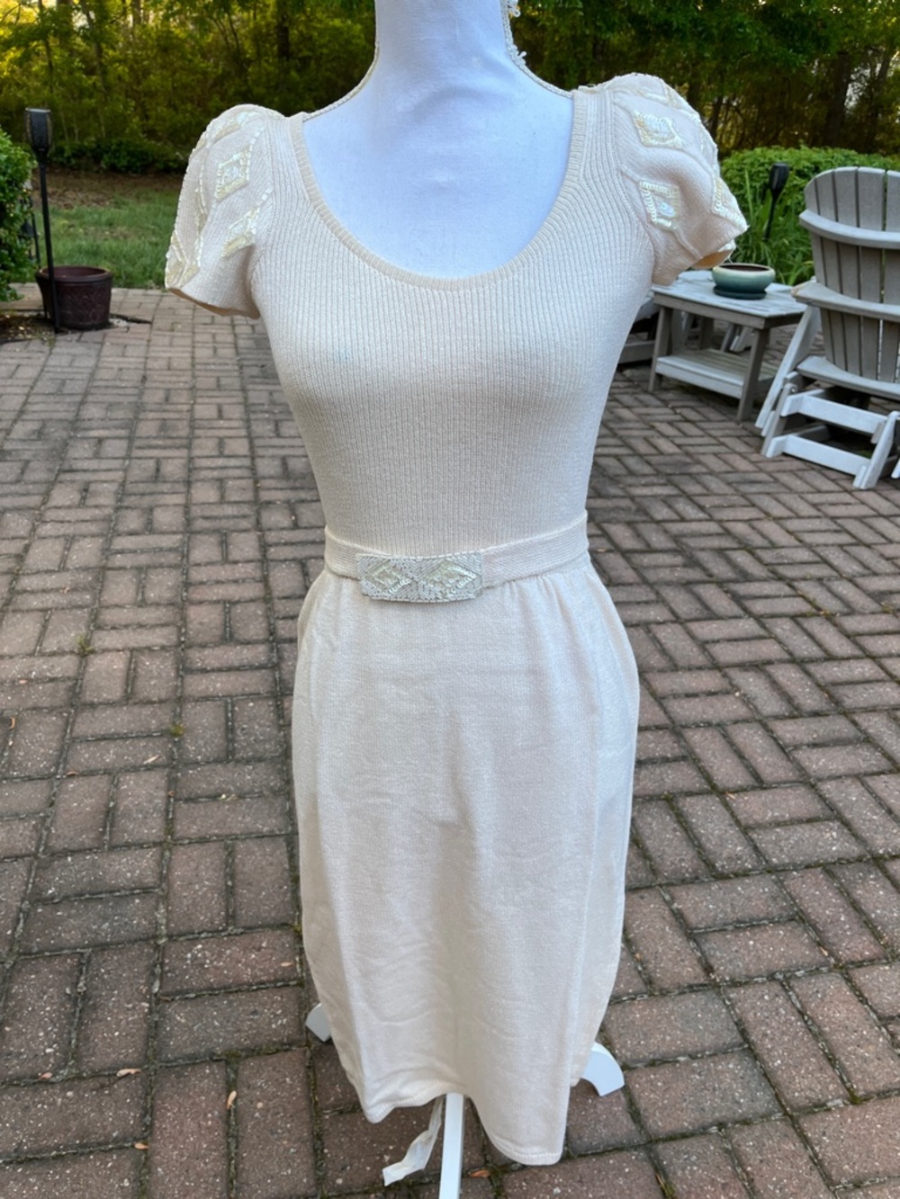 Vintage St. John Cream Santana Knit Sheath Dress with Embellished Belt